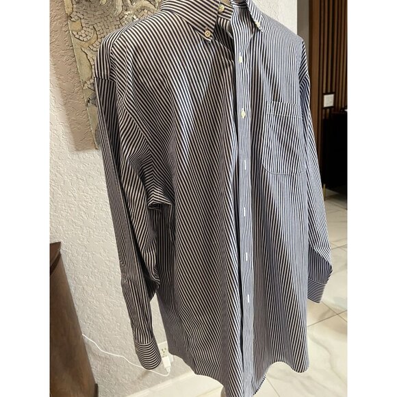 Brooks Brothers Mens 16.5/32 Slim Fit Blue & White Striped Non-Iron Cotton Shirt - Picture 2 of 8